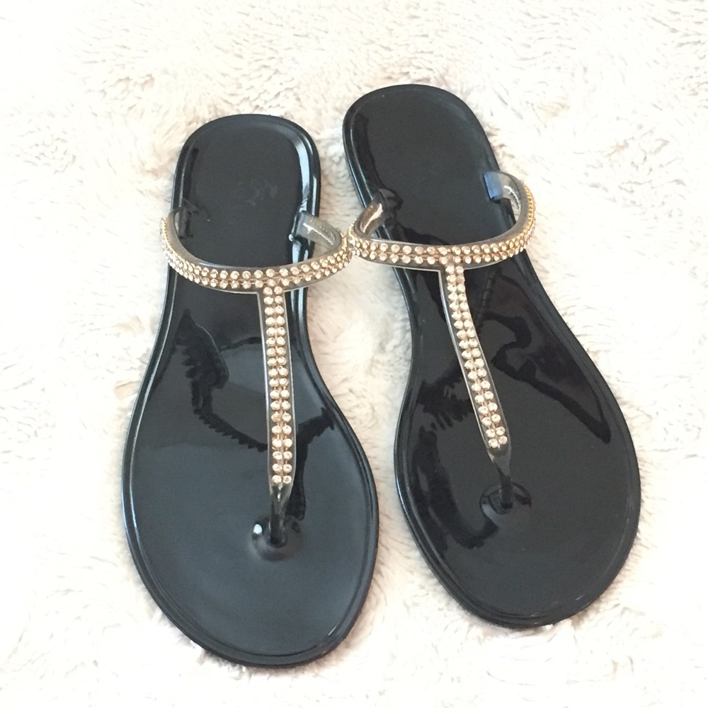 Nomad Black & Gold Rhinestone Flip-Flops. - Picture 9 of 10